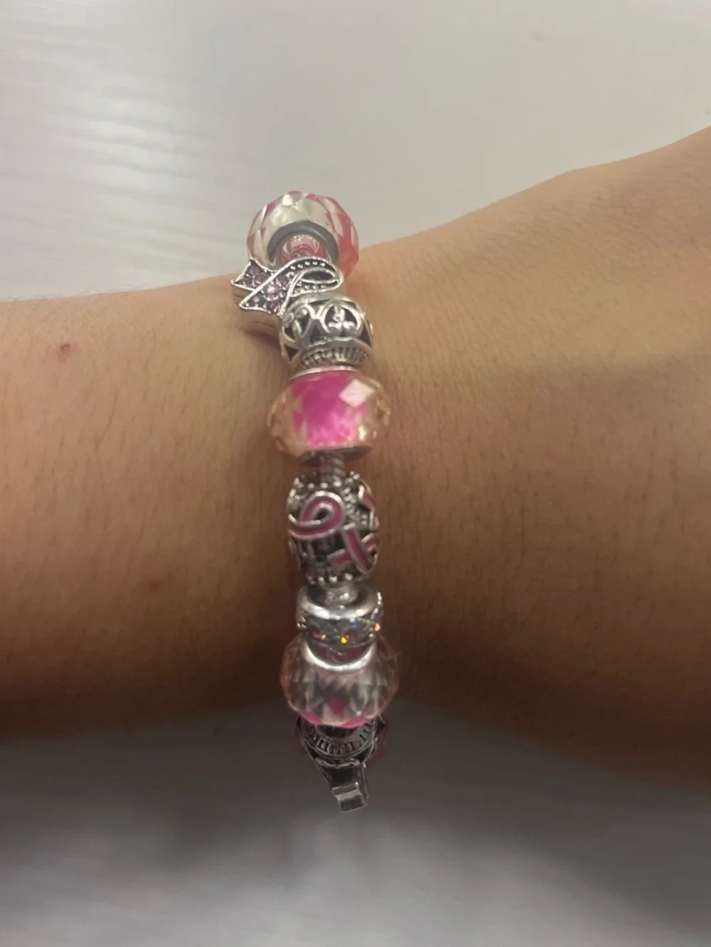 Pink Breast Cancer Awareness Charm Bracelet | Silver European Style Beads